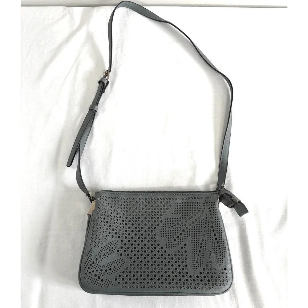 Seven Days Laser Cut Vegan Crossbody Purse 10x7 Minimalist Grey Blue Modern Chic